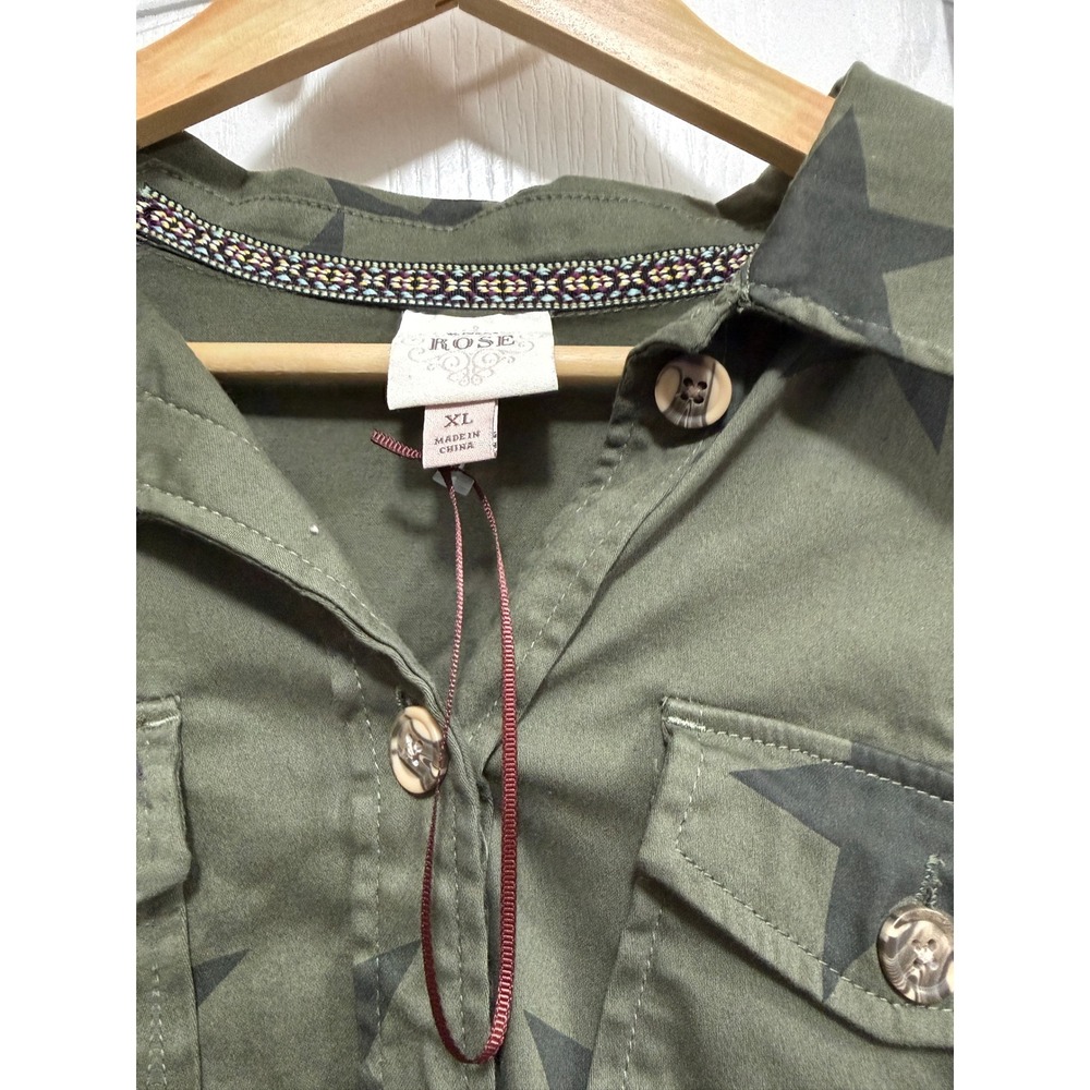 Knox Rose Womens XL Olive Green Star Print Utility Button Down Shirt Jacket - Picture 12 of 16
